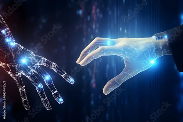 Fototapeta Artificial Intelligence AI banner showing robot and human hand touch. Machine and AI Augmentation background network illustration. Generative AI.