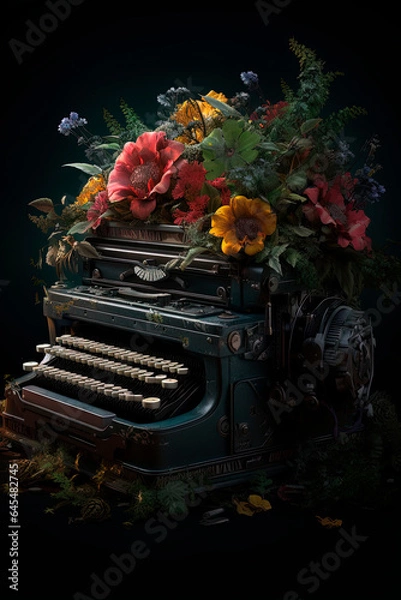 Fototapeta A typewriter with a bunch of flowers. Muse. Writer inspiration. Generative AI