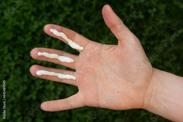 Fototapeta A person applying the correct amount of sunscreen for face and neck (three finger lengths).