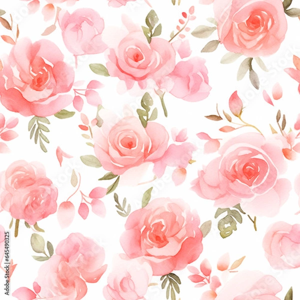 Fototapeta Pink roses, Seamless watercolor floral patterns, with flowers and foliage. Japanese abstract style. Use for wallpapers, backgrounds, packaging design, or web design