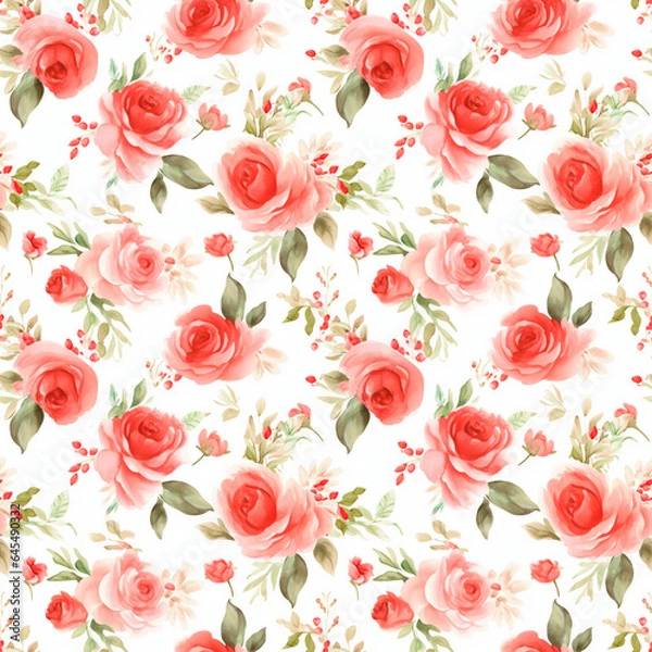 Obraz Red roses, Seamless watercolor floral patterns, with flowers and foliage. Japanese abstract style. Use for wallpapers, backgrounds, packaging design, or web design