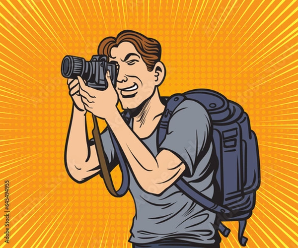 Fototapeta Photographer, man holding a camera preparing to record a photo. Pop art hand drawn style vector design illustrations.