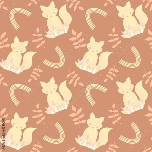 Fototapeta Autumn cartoon animals seamless fox and mushrooms fly agaric pattern for wrapping paper and fabrics and kids