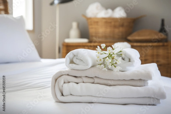 Fototapeta Fresh towels on bed in hotel room