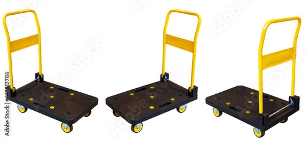 Fototapeta A modern cart with yellow handles and a black bottom for transporting items or barrels for a coffee shop or restaurant