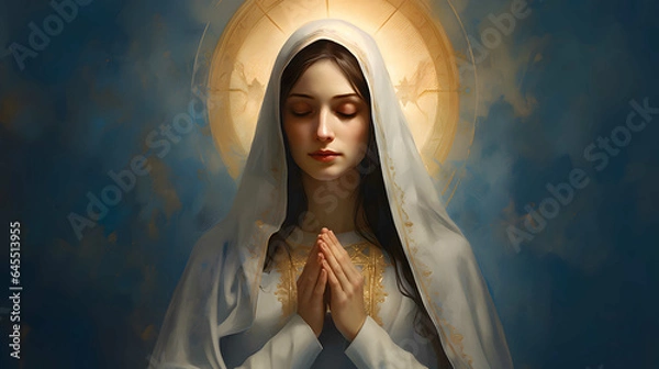 Fototapeta Virgin Mary, religious painting illustration. The image of the Blessed Virgin Mary in the dark blue sky.