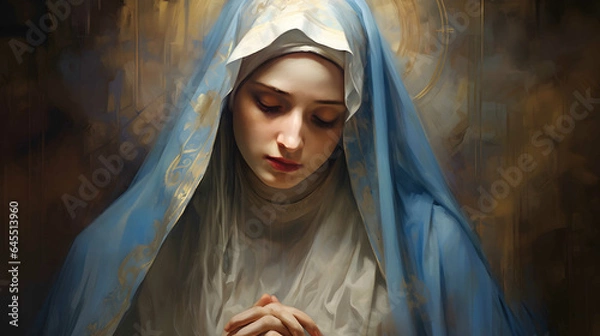 Fototapeta Virgin Mary, religious painting illustration. The image of the Blessed Virgin Mary. The image of the Blessed Virgin Mary with her hands folded in prayer.