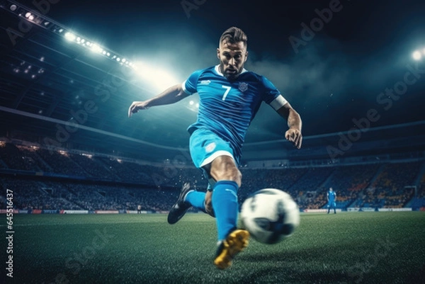 Fototapeta Football player kicking ball in soccer stadium