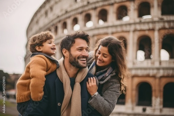 Obraz Lifestyle portrait photography of a pleased man in his 30s that is with the family against the Colosseum in Rome Italy