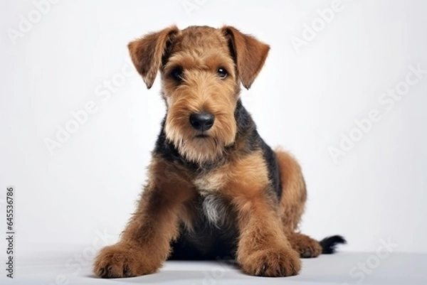 Fototapeta Generative AI : Cute little Airedale Terrier dog on blue background in studio