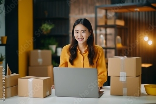 Obraz Generative AI : Startup SME small business entrepreneur SME of freelance Asian woman using a laptop with box Cheerful success Asian woman her hand lifts up online marketing packaging box and delivery 