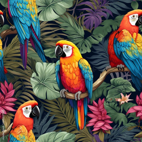 Obraz tropical birds bright plumage colors seamless, pattern, texture, background
