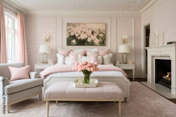 Fototapeta Elegant and Serene Bedroom Interior with a Dreamy Dusty Rose Color Scheme, Exuding Warmth and Sophistication