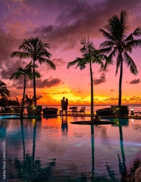 Fototapeta a couple of men and women watching the sunset on a tropical beach in Mauritius with palm trees by the swimming pool, Tropical sunset on the beach in Mauritius.