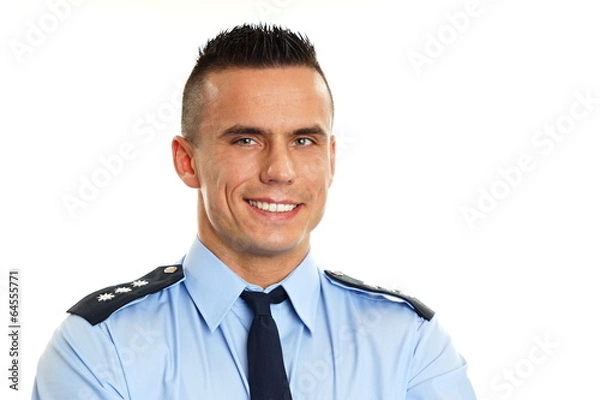 Fototapeta Smiling man in police uniform, right you can write some text