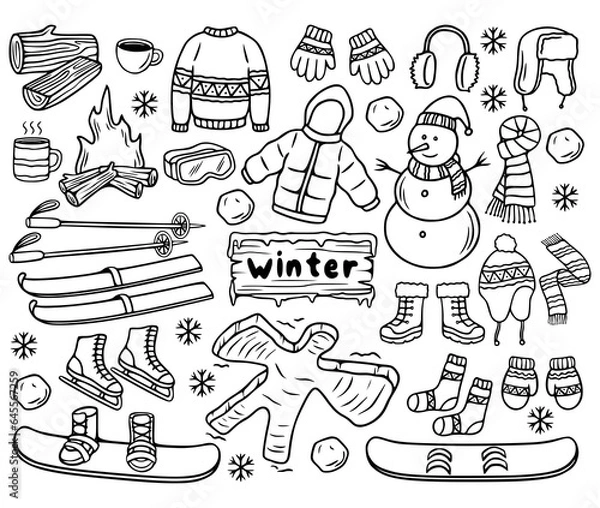 Fototapeta Winter elements hand drawn. A set of winter vector illustrations in doodle line art