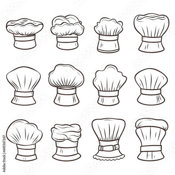 Fototapeta Cook chef hats. Cooker cap set, culinary head clothes for kitchen hand drawn illustration