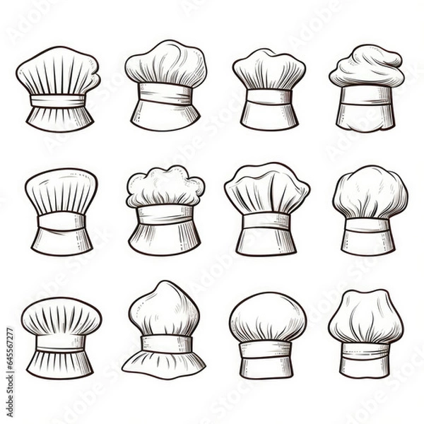 Fototapeta Cook chef hats. Cooker cap set, culinary head clothes for kitchen hand drawn illustration