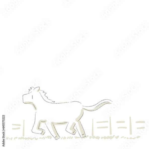 Obraz 牧場を背景にシンプルでラフなタッチで描かれたかわいい馬が走っている手描きベクターイラスト枠
