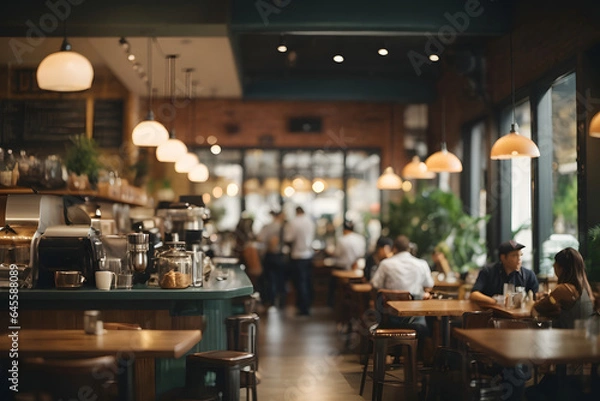 Fototapeta Blur coffee shop or cafe restaurant, Blurred restaurant background with some people and chefs working. Image created using artificial intelligence.