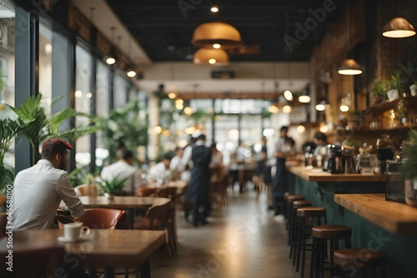 Fototapeta Blur coffee shop or cafe restaurant, Blurred restaurant background with some people and chefs working. Image created using artificial intelligence.