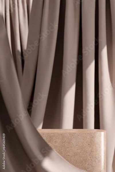 Fototapeta Instead of Terrazzo stone in the backdrop of flowing beige curtains. Choose a focus point. Background for product presentations. 3D illustration