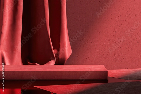 Fototapeta Velvet product display stand with a backdrop of a cement wall and red curtains. Background for product presentations. 3D illustration