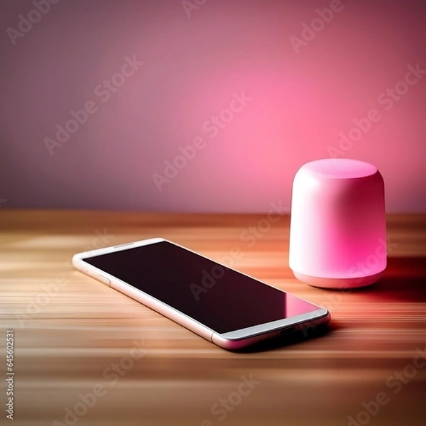 Fototapeta beautiful mobile mockup placed on wooden table with pink lamp on it with cinematic background, generative AI