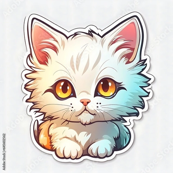 Fototapeta photo of a beautiful and colorful cat sticker isolated on white background. Generative AI