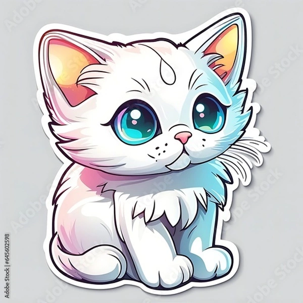 Fototapeta photo of a beautiful and colorful cat sticker isolated on white background. Generative AI