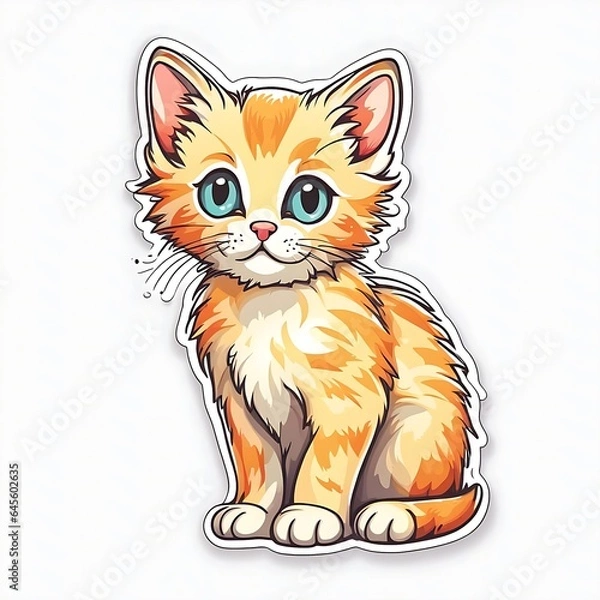 Obraz photo of a beautiful and colorful cat sticker isolated on white background. Generative AI