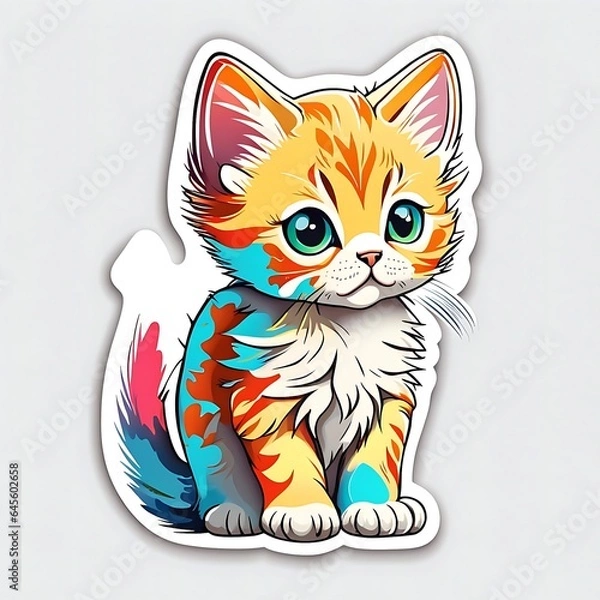 Fototapeta photo of a beautiful and colorful cat sticker isolated on white background. Generative AI