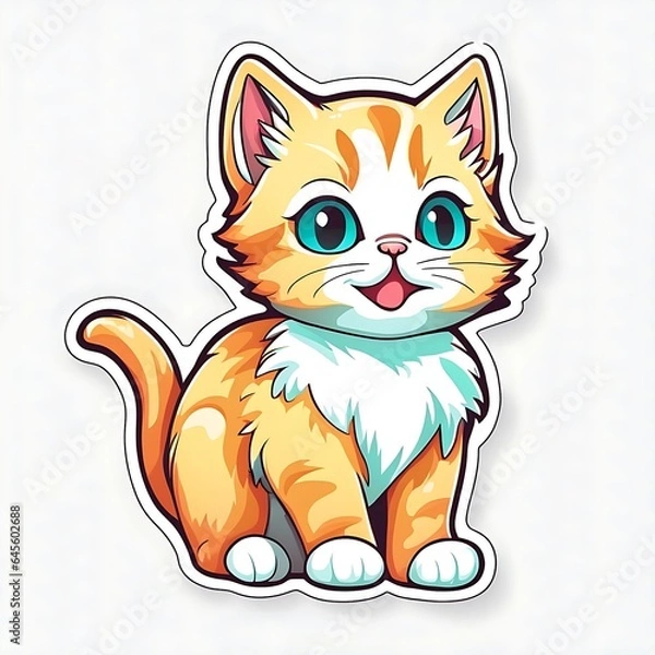 Fototapeta photo of a beautiful and colorful cat sticker isolated on white background. Generative AI
