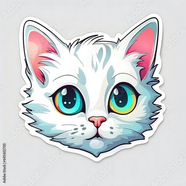 Fototapeta beautiful and colorful sticker of cat face portrait isolated on grey, generative AI