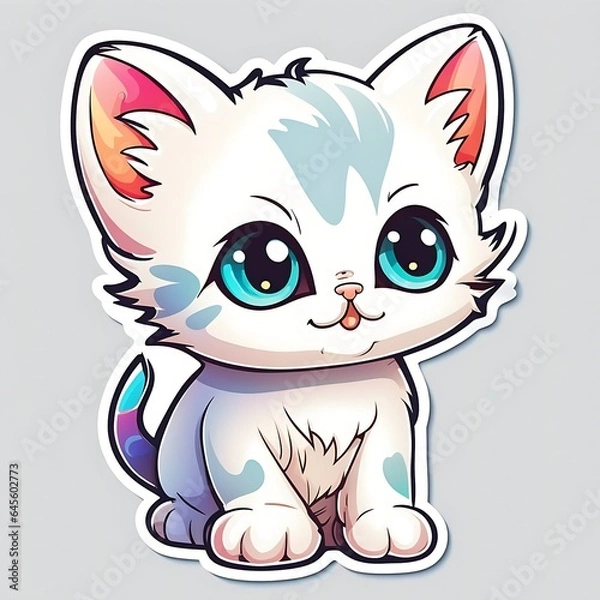 Fototapeta photo of a beautiful and colorful cat sticker isolated on white background. Generative AI