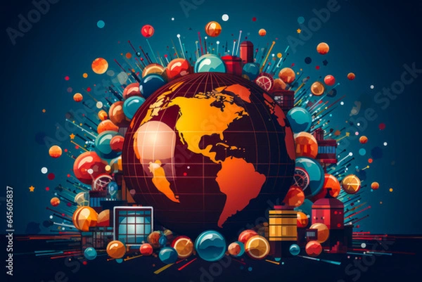 Fototapeta Exciting flat design showcasing global media connectivity with a globe, microphone, camera and newspaper icons tied together by dotted lines.