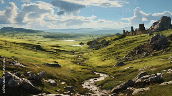Fototapeta A hyper-realistic fantasy landscape depicting a bleak hilltop with patchy grass and strong winds, adorned with resilient rocks from ancient times.