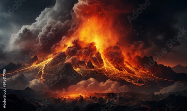 Fototapeta Volcanic eruption. 3D rendering illustration.