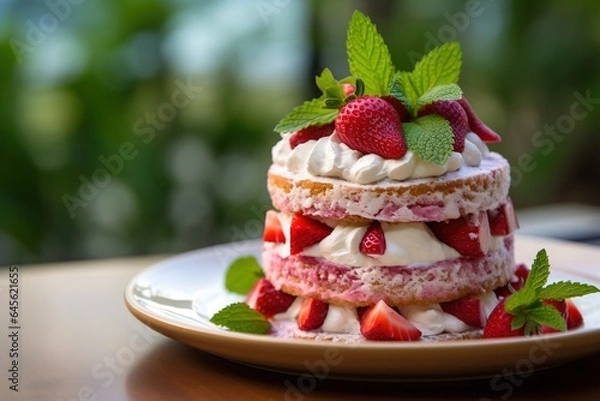 Fototapeta Strawberry cake with whipped cream and fresh strawberries, selective focus.Generative Ai