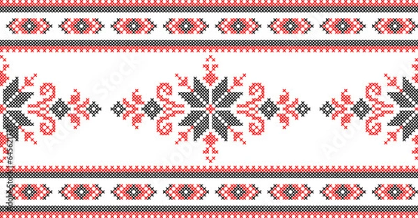 Obraz Vector illustration of Ukrainian ornament in ethnic style, identity, vyshyvanka, embroidery for print clothes, websites, banners. Background. Geometric design, border, copy space, frame