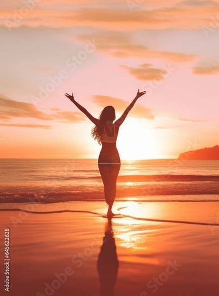 Fototapeta A woman practicing yoga on the beach as the sunsets in
