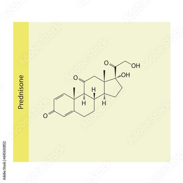 Fototapeta Prednisone Synthetic Corticosteroid used as an anti-inflammatory and immunosuppressive medication Molecular structure skeletal formula on yellow background.