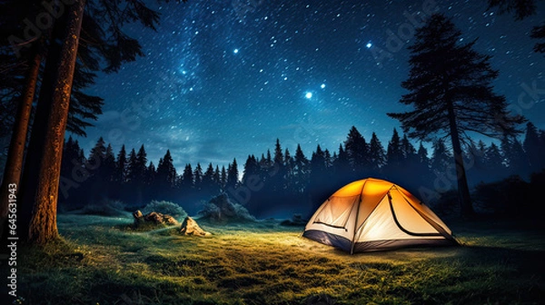 Fototapeta A nighttime campsite with a glowing tent under a starry sky. AI generative