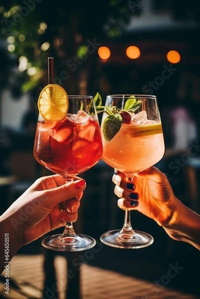 Fototapeta People clinking glasses of fresh summer refreshing cocktail beverage with alcohol and oranges in the sunlight outside. Get together Party vibe