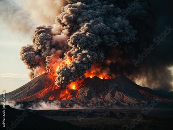Fototapeta Volcanic mountain in eruption. Lava flow from volcano
