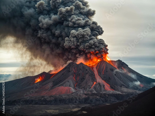 Fototapeta The crater is erupting, smoke, lava, Apocalyptic volcanic landscape with hot flowing lava and smoke and ash clouds.
