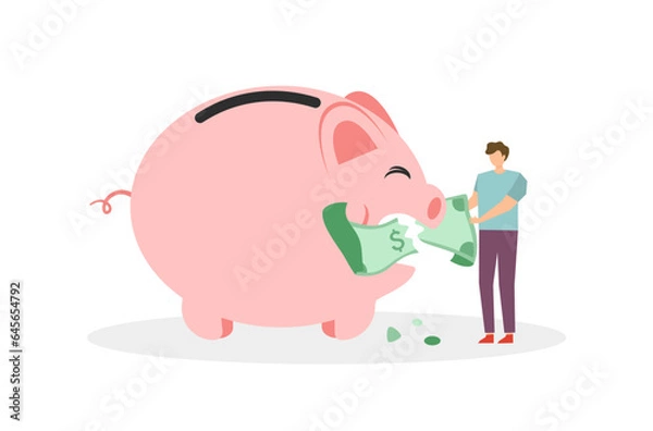 Fototapeta Flat design of rich man save money vector, a man’s saving salary in piggy bank, flat design of financial management, Save money in piggy bank, money management vector, a man is investing for future.