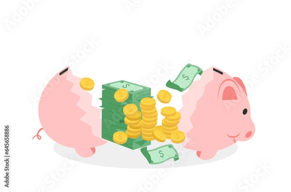 Obraz Flat design of saving money in piggy bank, saving salary in piggy bank, flat design of financial management, money management vector, piggy bank is fulled with money, coin and bank note vector.