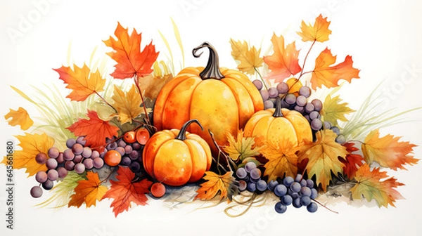 Fototapeta Autumn thanksgiving watercolor clipart white background. Generative Ai