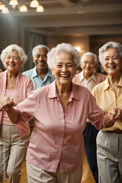Fototapeta Candid capture of a joyful group of seniors showing vitality while dancing, highlights companionship and active lifestyle in retirement. Image created using artificial intelligence.